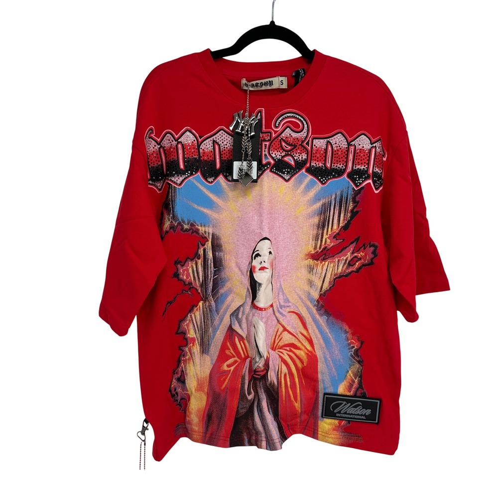 Watson International Prayers On Me Red T-Shirt Rhinestone Cross Virgin Mary S